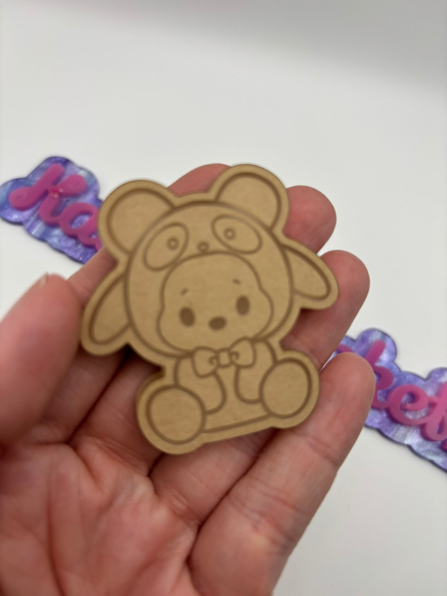 Kawaii dog in panda costume flat grip keychain mold