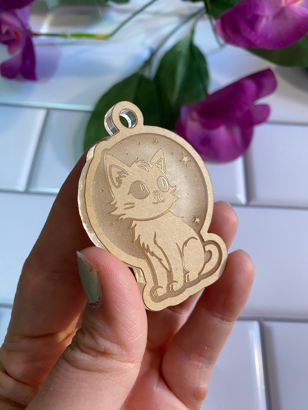Space kitty flat keychain with loop mold